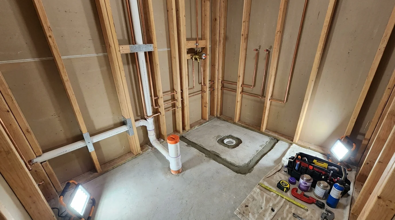 Bathroom rough-in plumbing during remodel by Johns Plumbing LLC in Costa Mesa