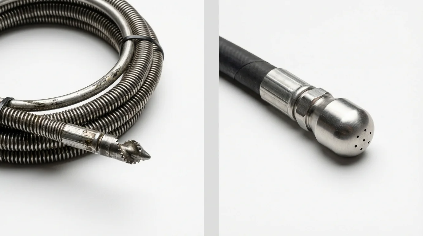 Drain snake cable and hydro jetting nozzle used for drain cleaning in Costa Mesa, CA
