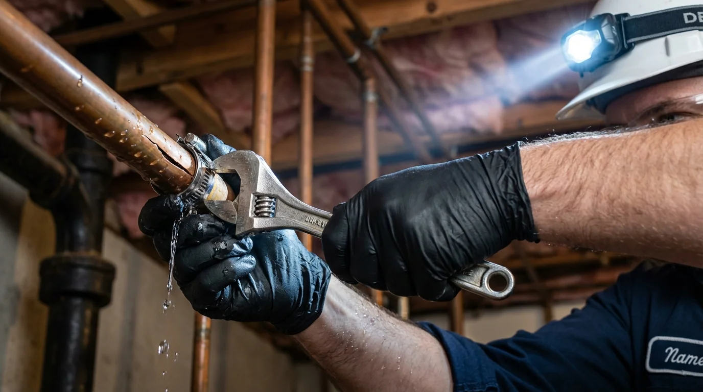 Emergency pipe clamp repair being performed by a Johns Plumbing LLC plumber in Costa Mesa