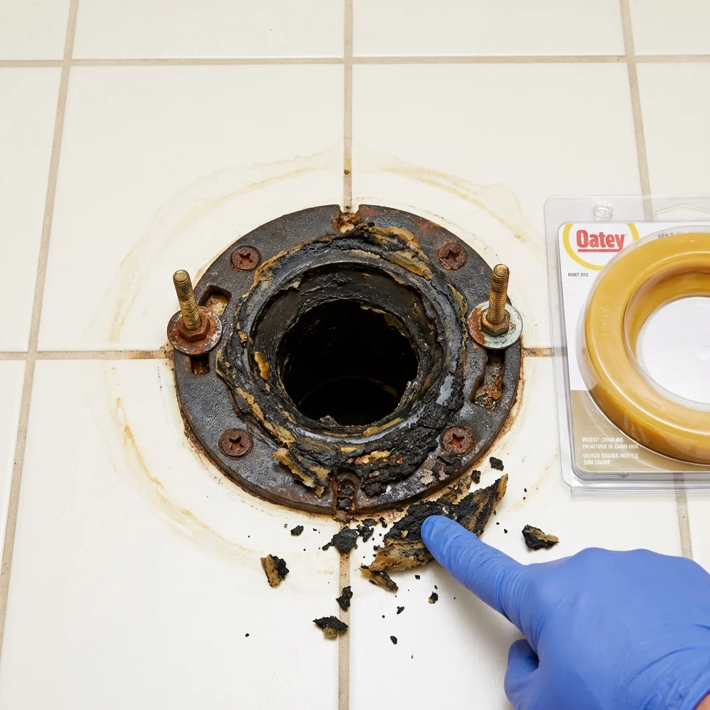 Failed wax ring showing water seepage at the base of a toilet in a Costa Mesa, CA home